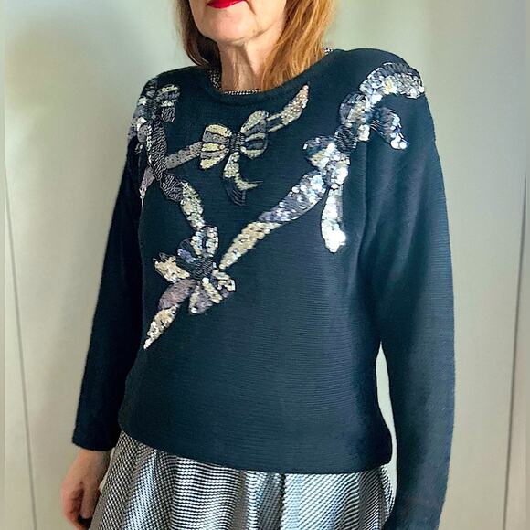 Womens Vintage 80s Sweater Sequin Bow Details Black Silver Size large Party - Picture 5 of 9